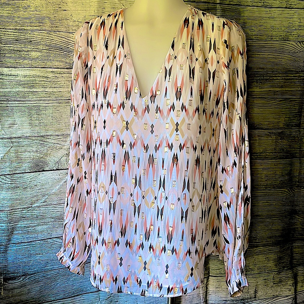 *NWOT*  Silk- look V-neck top with gold metallic accents and split sleeves